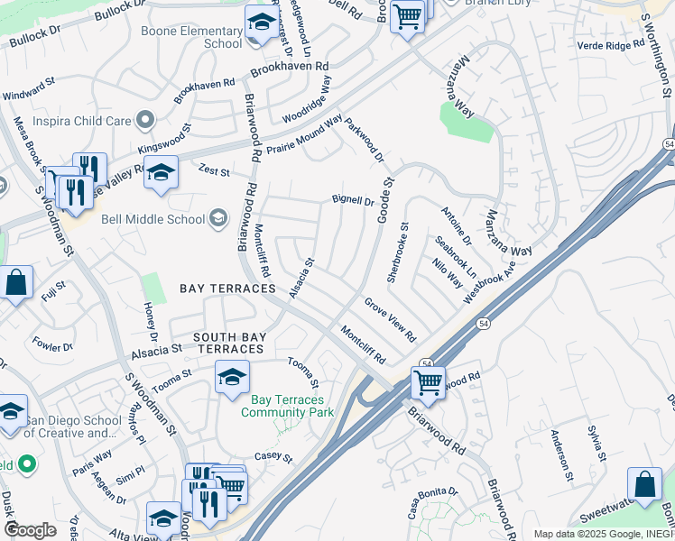 map of restaurants, bars, coffee shops, grocery stores, and more near 2329 Grove View Road in San Diego