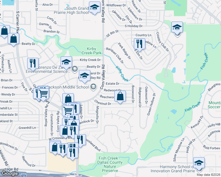map of restaurants, bars, coffee shops, grocery stores, and more near 518 Redwood Drive in Grand Prairie