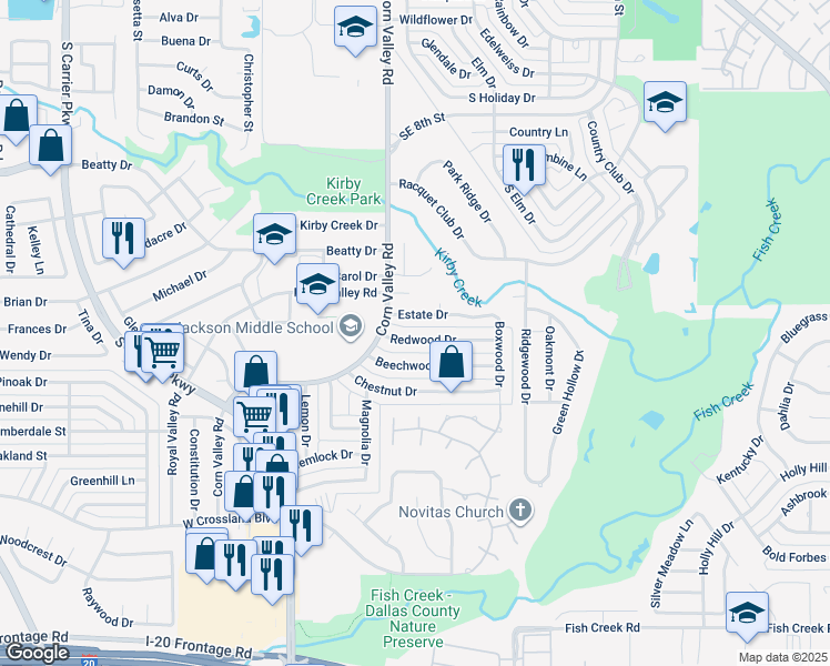 map of restaurants, bars, coffee shops, grocery stores, and more near 518 Redwood Drive in Grand Prairie