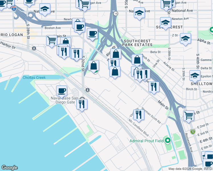 map of restaurants, bars, coffee shops, grocery stores, and more near 3705 Norman Scott Road in San Diego
