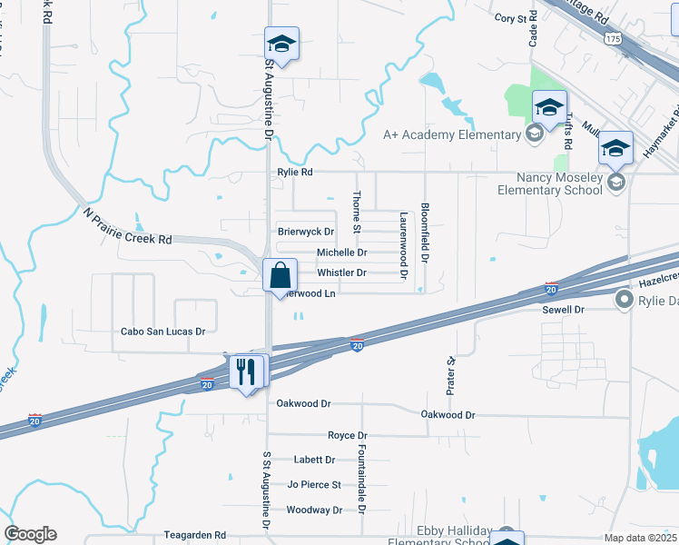 map of restaurants, bars, coffee shops, grocery stores, and more near 9727 Whistler Drive in Dallas