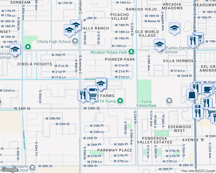 map of restaurants, bars, coffee shops, grocery stores, and more near 3567 West 22nd Place in Yuma