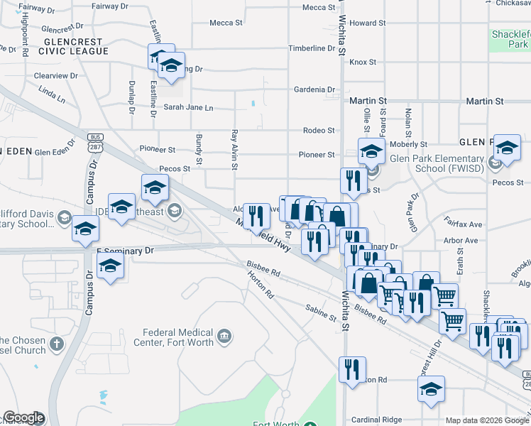 map of restaurants, bars, coffee shops, grocery stores, and more near 3032 Alcannon Avenue in Fort Worth