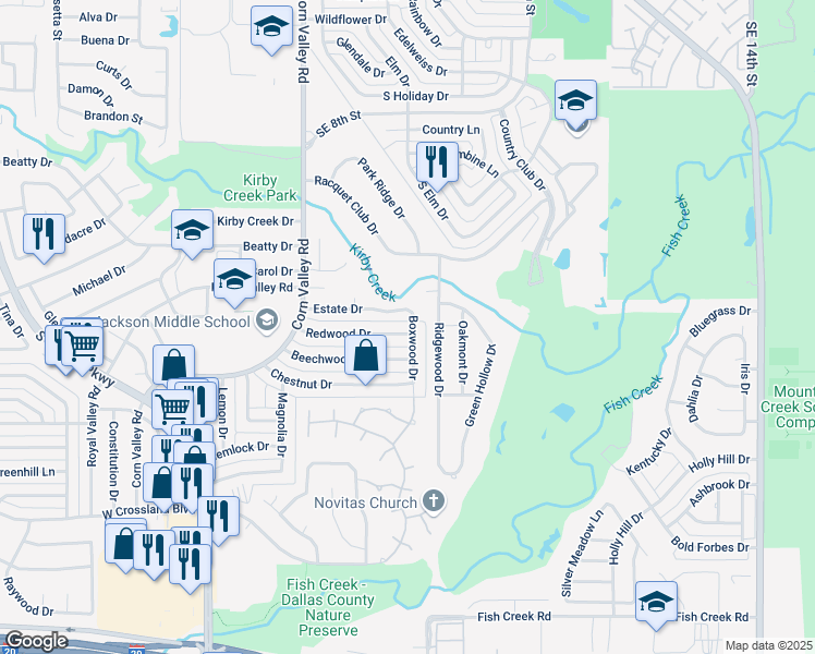 map of restaurants, bars, coffee shops, grocery stores, and more near 642 Redwood Drive in Grand Prairie