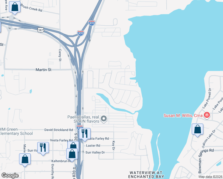 map of restaurants, bars, coffee shops, grocery stores, and more near 5040 Lake Arlington Road in Fort Worth