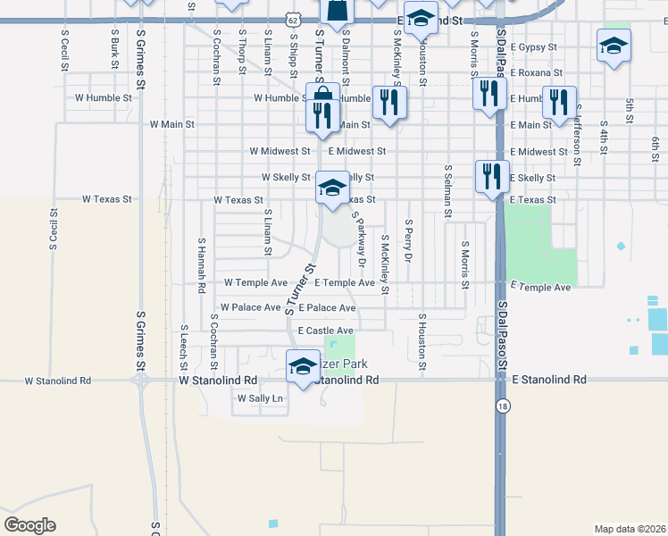 map of restaurants, bars, coffee shops, grocery stores, and more near 1233 South Short Street in Hobbs