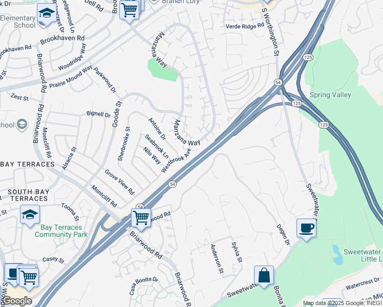 map of restaurants, bars, coffee shops, grocery stores, and more near 7667 Westbrook Avenue in San Diego
