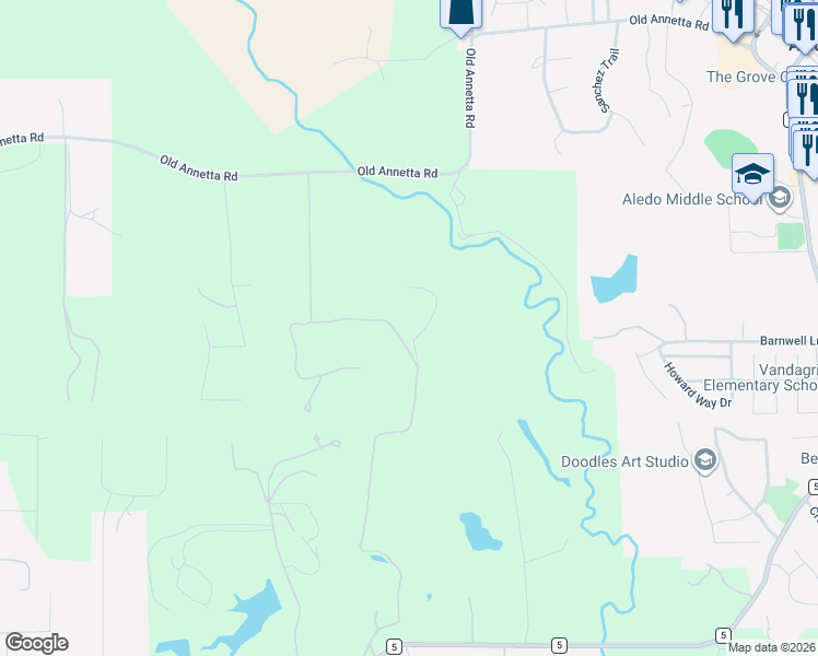 map of restaurants, bars, coffee shops, grocery stores, and more near 102 Trinity Bluffs Road in Aledo