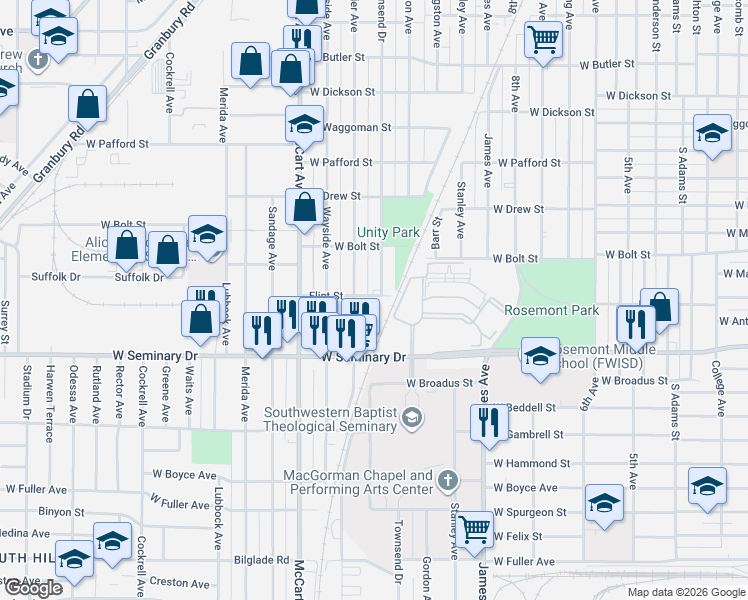 map of restaurants, bars, coffee shops, grocery stores, and more near 4204 Townsend Drive in Fort Worth