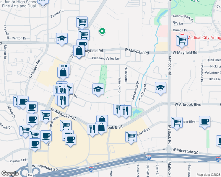 map of restaurants, bars, coffee shops, grocery stores, and more near 1011 Cristopher Court in Arlington