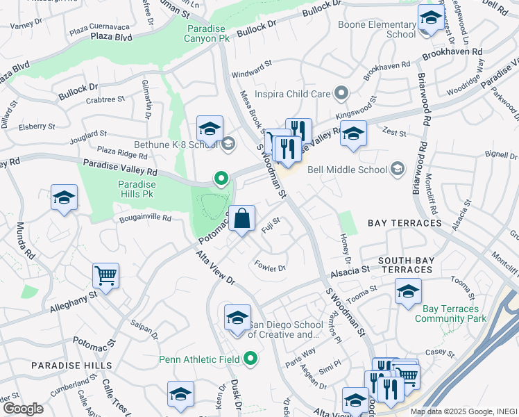 map of restaurants, bars, coffee shops, grocery stores, and more near 6842 Doriana Street in San Diego