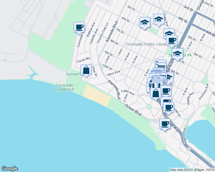 map of restaurants, bars, coffee shops, grocery stores, and more near 546 Marina Avenue in Coronado