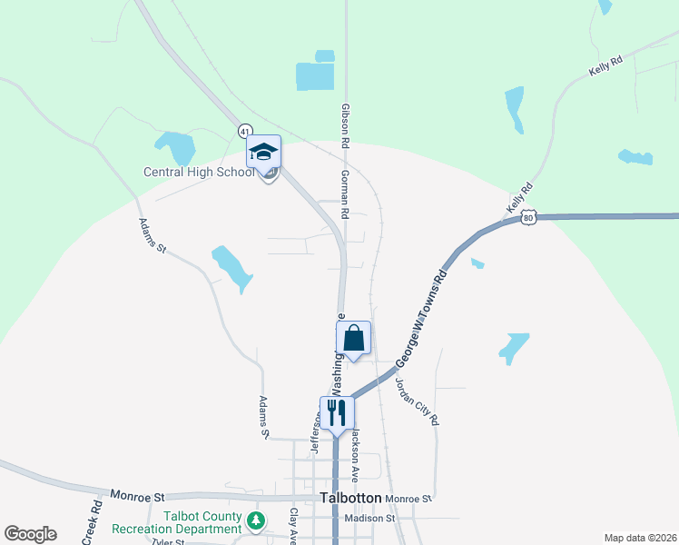 map of restaurants, bars, coffee shops, grocery stores, and more near 655 Washington Avenue in Talbotton