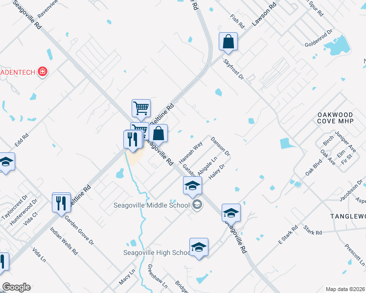 map of restaurants, bars, coffee shops, grocery stores, and more near 15411 Seagoville Road in Dallas
