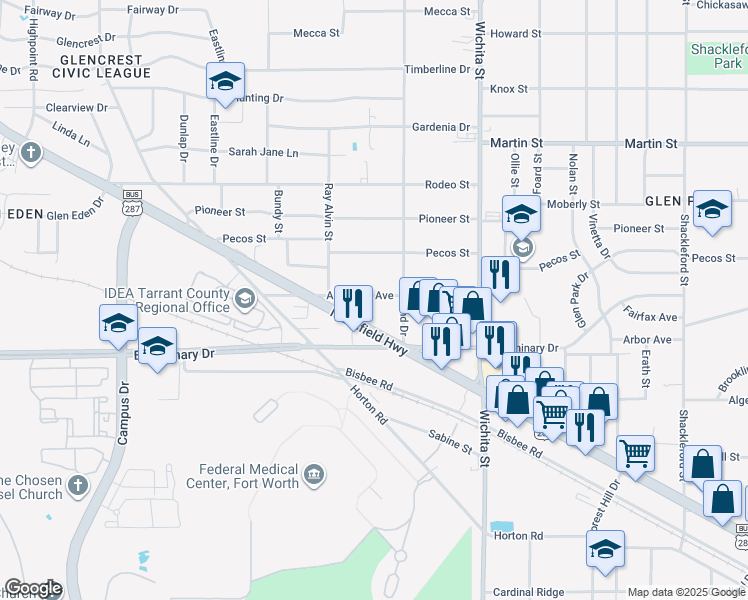 map of restaurants, bars, coffee shops, grocery stores, and more near 3124 Alcannon Avenue in Fort Worth