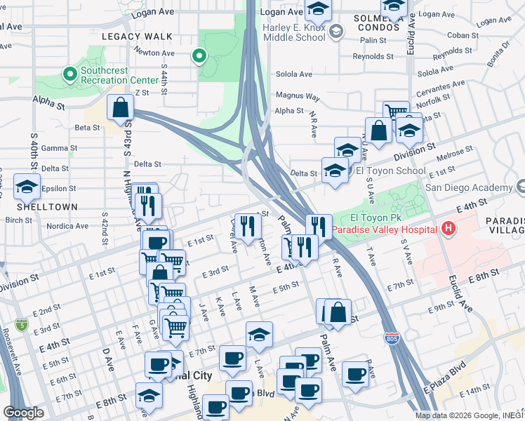 map of restaurants, bars, coffee shops, grocery stores, and more near 1439 East 1st Street in National City