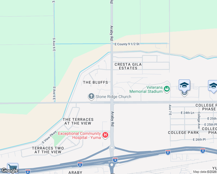 map of restaurants, bars, coffee shops, grocery stores, and more near 9799 S Valley View Way in Yuma