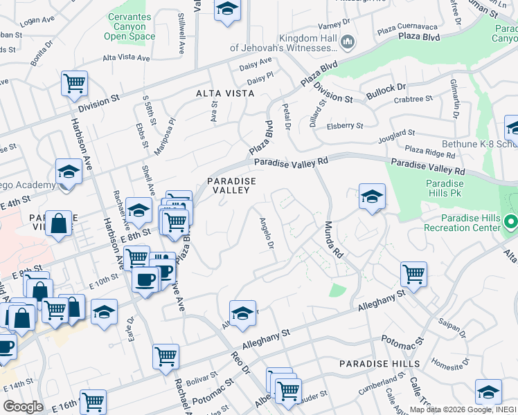 map of restaurants, bars, coffee shops, grocery stores, and more near 821 Angelo Drive in National City