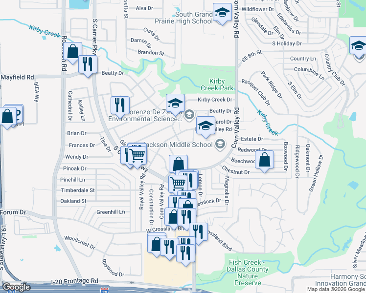 map of restaurants, bars, coffee shops, grocery stores, and more near 3517 Kirby Creek Drive in Grand Prairie