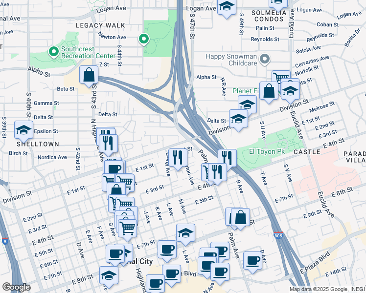 map of restaurants, bars, coffee shops, grocery stores, and more near 1439 East 1st Street in National City