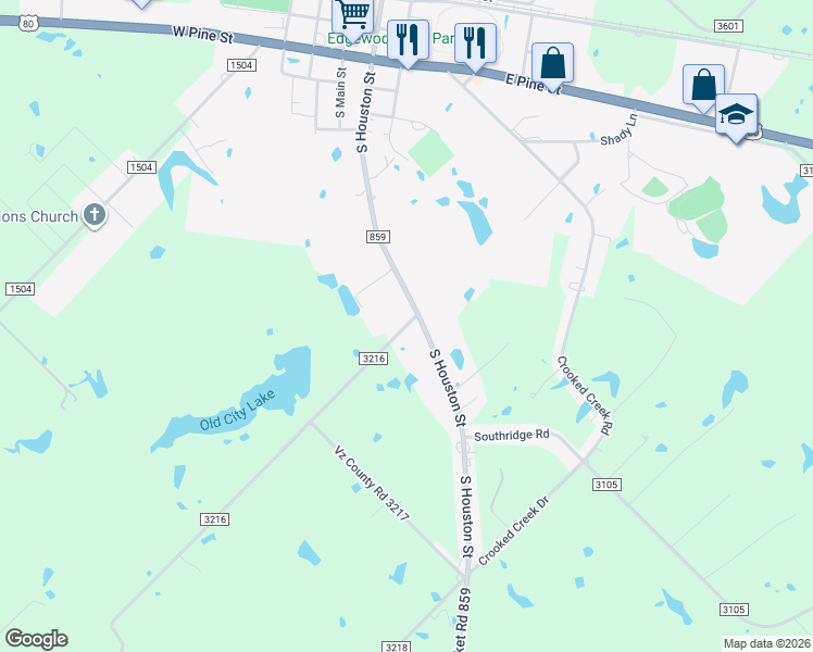 map of restaurants, bars, coffee shops, grocery stores, and more near County Road 3216 in Edgewood