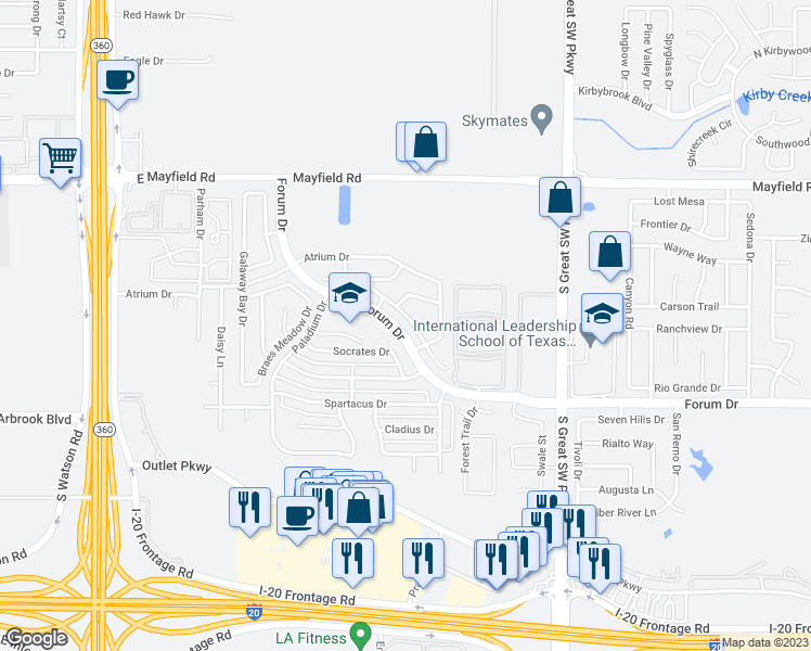 map of restaurants, bars, coffee shops, grocery stores, and more near 3345 Stoneway Drive in Grand Prairie