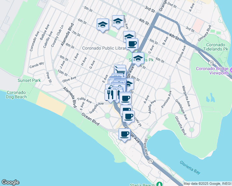 map of restaurants, bars, coffee shops, grocery stores, and more near 944 Orange Avenue in Coronado