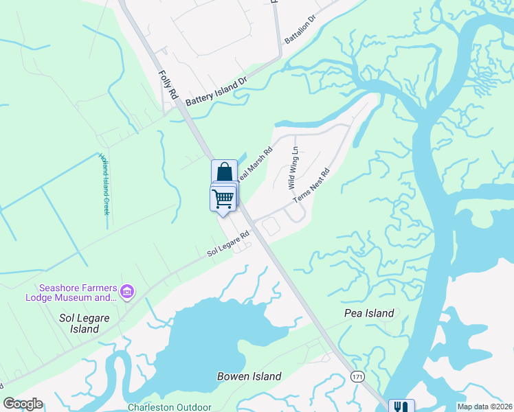 map of restaurants, bars, coffee shops, grocery stores, and more near 1984 Folly Road in Charleston