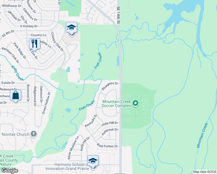 map of restaurants, bars, coffee shops, grocery stores, and more near 3625 Bluegrass Drive in Grand Prairie