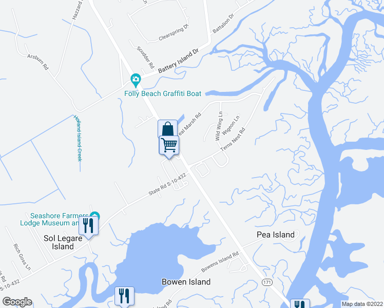 map of restaurants, bars, coffee shops, grocery stores, and more near 1984 Folly Road in Charleston