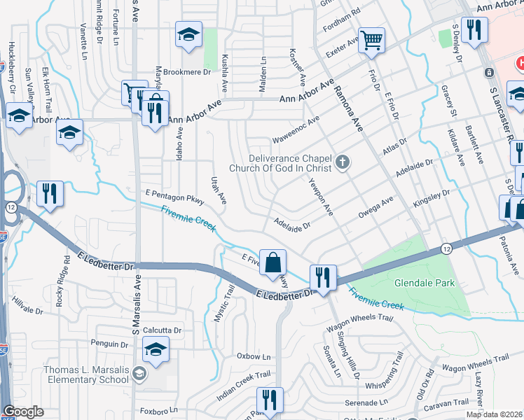 map of restaurants, bars, coffee shops, grocery stores, and more near 4634 Kushla Avenue in Dallas