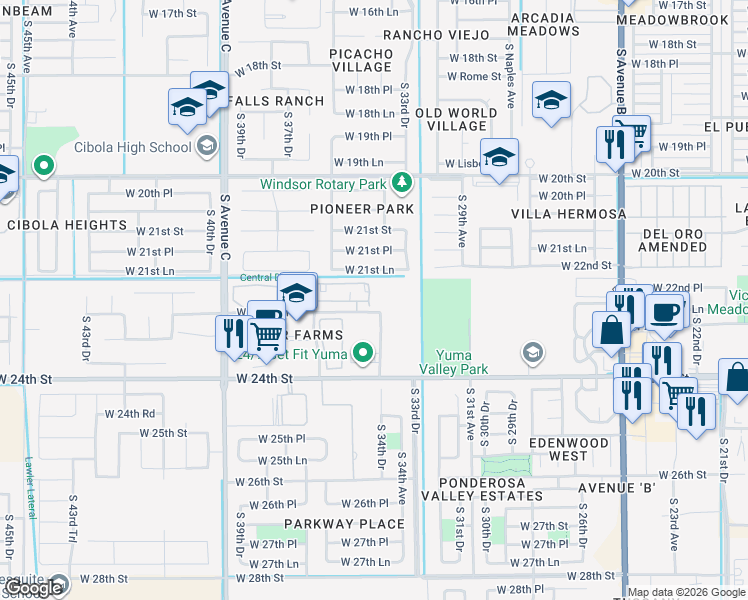 map of restaurants, bars, coffee shops, grocery stores, and more near 2239 35th Avenue in Yuma