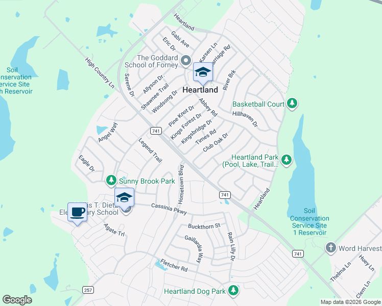 map of restaurants, bars, coffee shops, grocery stores, and more near 2009 Club Oak Drive in Forney