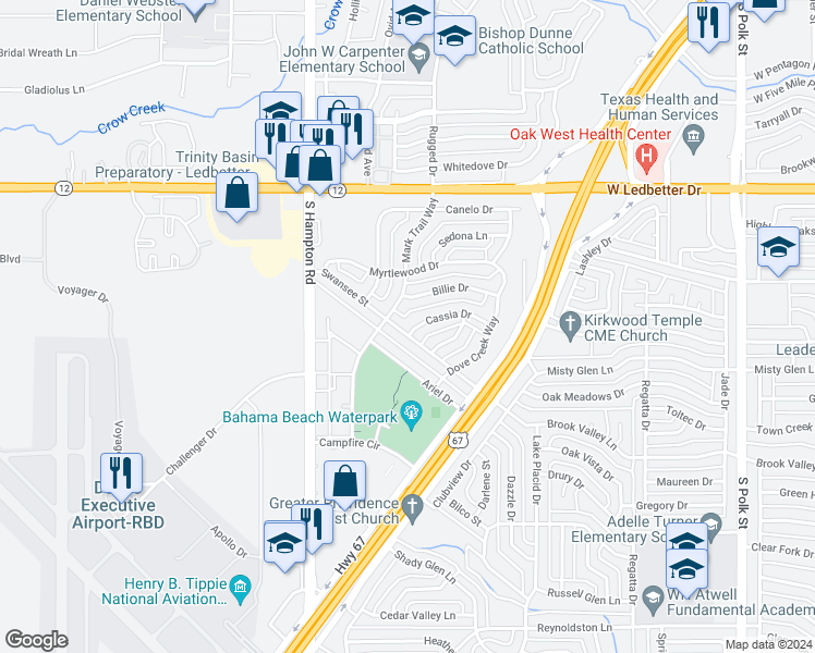 map of restaurants, bars, coffee shops, grocery stores, and more near 2003 Swansee Drive in Dallas