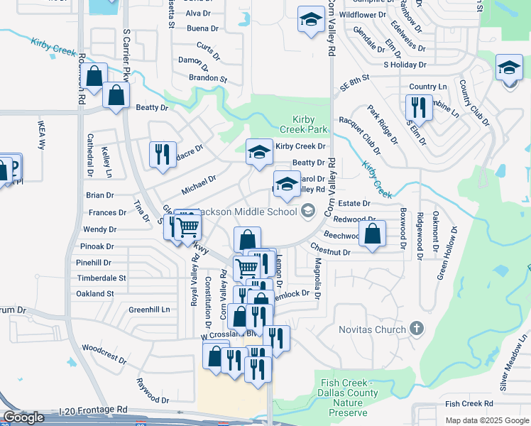 map of restaurants, bars, coffee shops, grocery stores, and more near 3529 Kirby Creek Drive in Grand Prairie