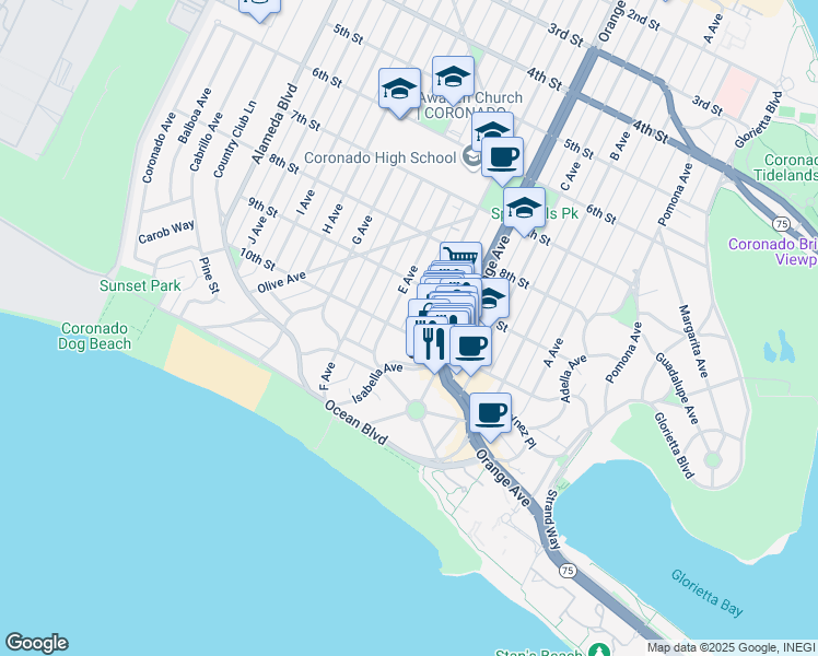 map of restaurants, bars, coffee shops, grocery stores, and more near 924 10th Street in Coronado