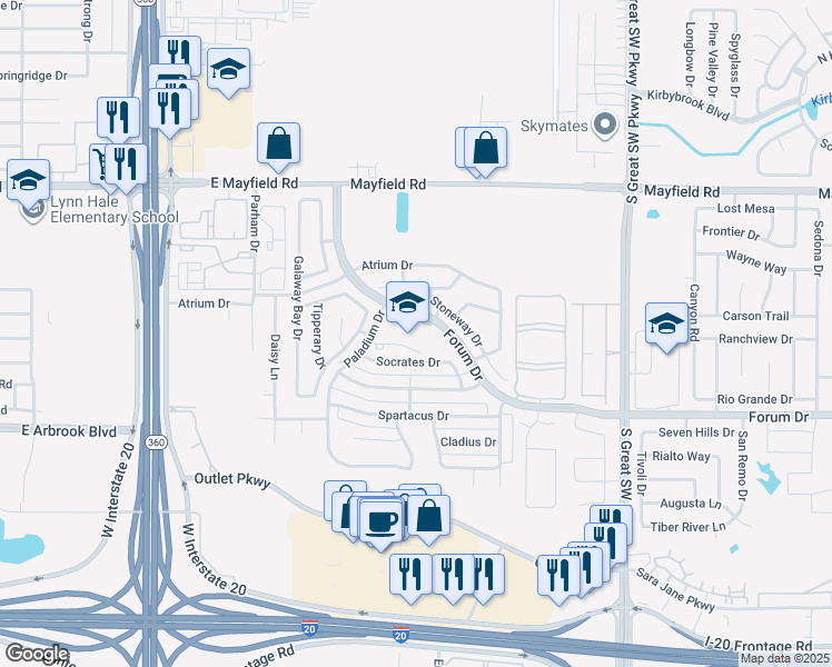 map of restaurants, bars, coffee shops, grocery stores, and more near 3410 Paladium Drive in Grand Prairie