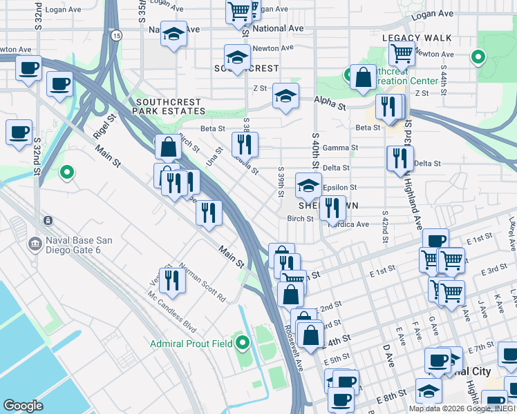 map of restaurants, bars, coffee shops, grocery stores, and more near 3879 1/2 Birch Street in San Diego