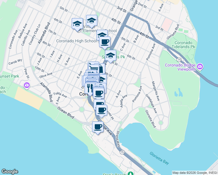 map of restaurants, bars, coffee shops, grocery stores, and more near 876 B Avenue in Coronado