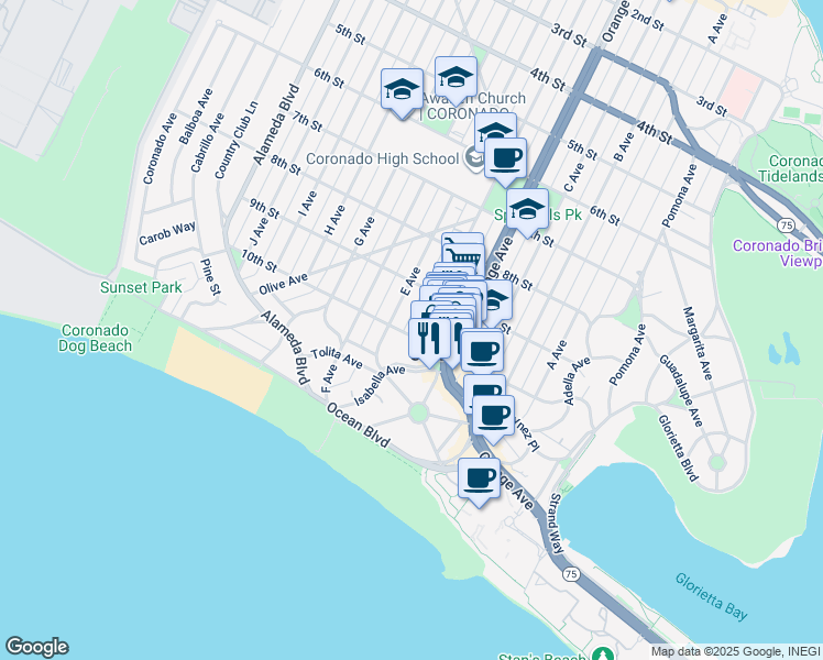 map of restaurants, bars, coffee shops, grocery stores, and more near 924 10th Street in Coronado