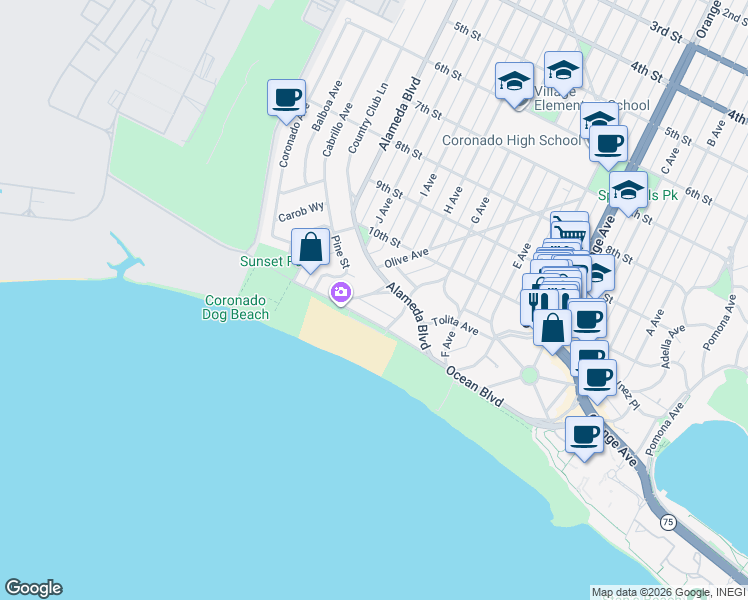 map of restaurants, bars, coffee shops, grocery stores, and more near 546 Marina Avenue in Coronado