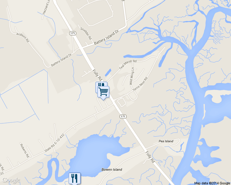 map of restaurants, bars, coffee shops, grocery stores, and more near 1984 Folly Road in Charleston