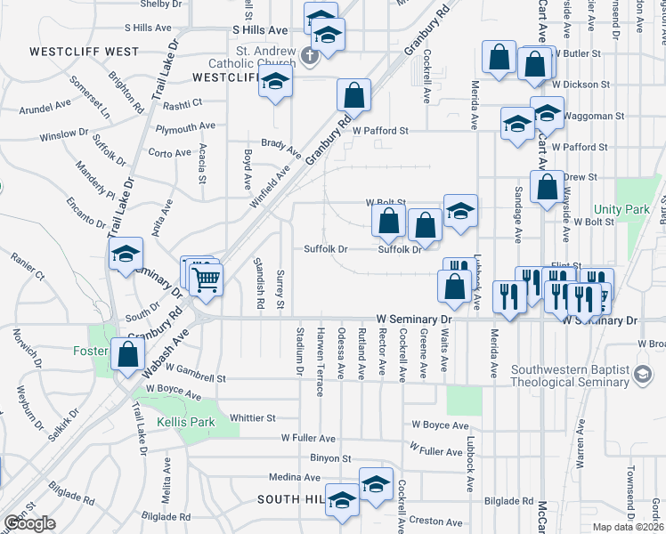 map of restaurants, bars, coffee shops, grocery stores, and more near 3321 Suffolk Drive in Fort Worth