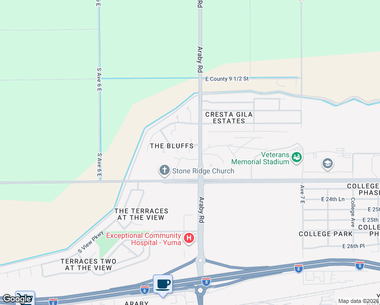 map of restaurants, bars, coffee shops, grocery stores, and more near 9799 South Valley View Way in Yuma