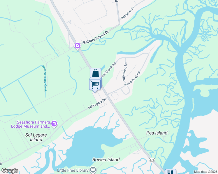 map of restaurants, bars, coffee shops, grocery stores, and more near 1984 Folly Road in Charleston