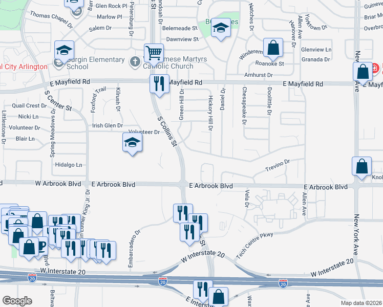 map of restaurants, bars, coffee shops, grocery stores, and more near 1108 Green Hill Drive in Arlington