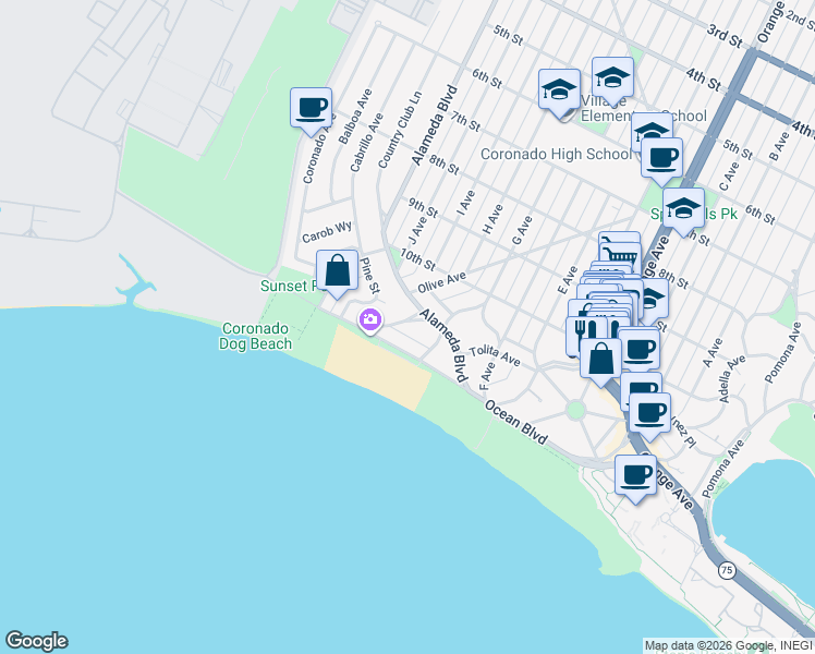 map of restaurants, bars, coffee shops, grocery stores, and more near 546 Marina Avenue in Coronado