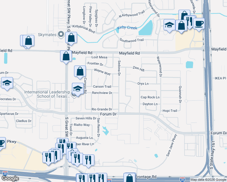 map of restaurants, bars, coffee shops, grocery stores, and more near 2416 Ranchview Drive in Grand Prairie