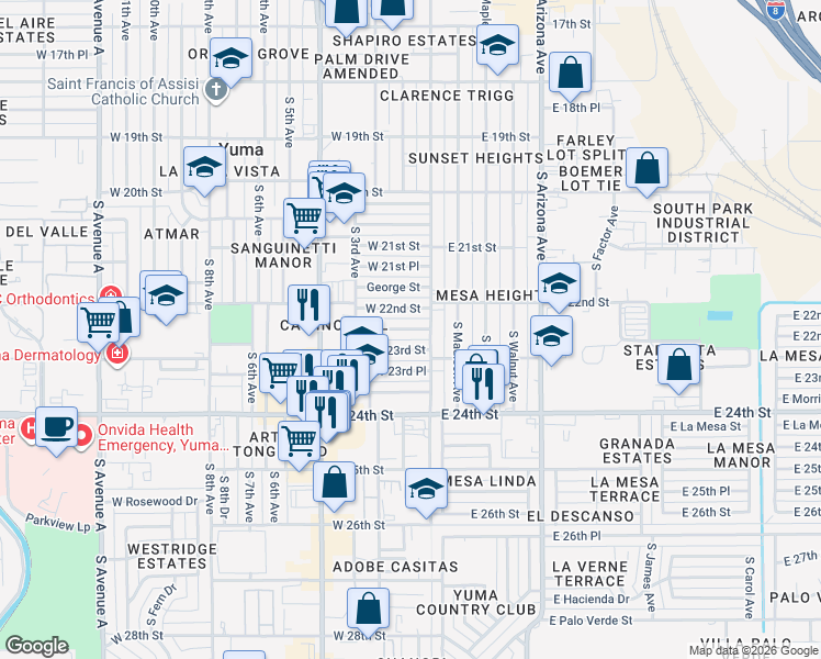 map of restaurants, bars, coffee shops, grocery stores, and more near 135 West 22nd Place in Yuma