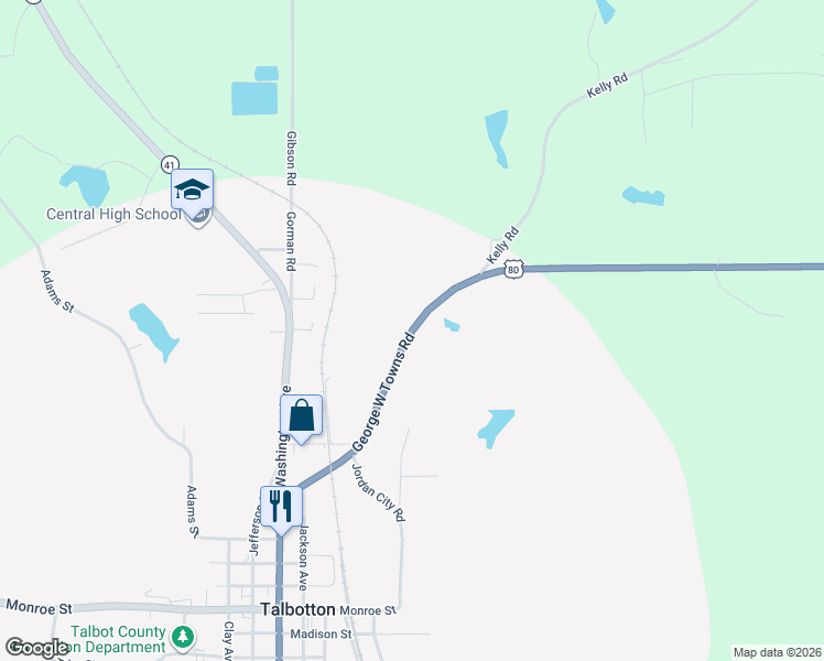 map of restaurants, bars, coffee shops, grocery stores, and more near George W Towns Avenue in Talbotton